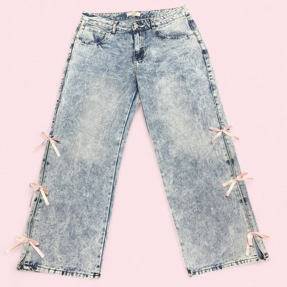 Rise Supply Co Wide Leg Jeans 13 Blue Acid Wash Pink Bow Coquette High Rise Slit